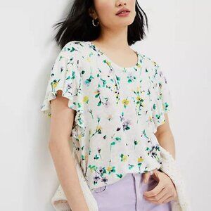 Ann Taylor Loft Yellow Floral Linen Shirt top tee flutter Sleeves Size S
